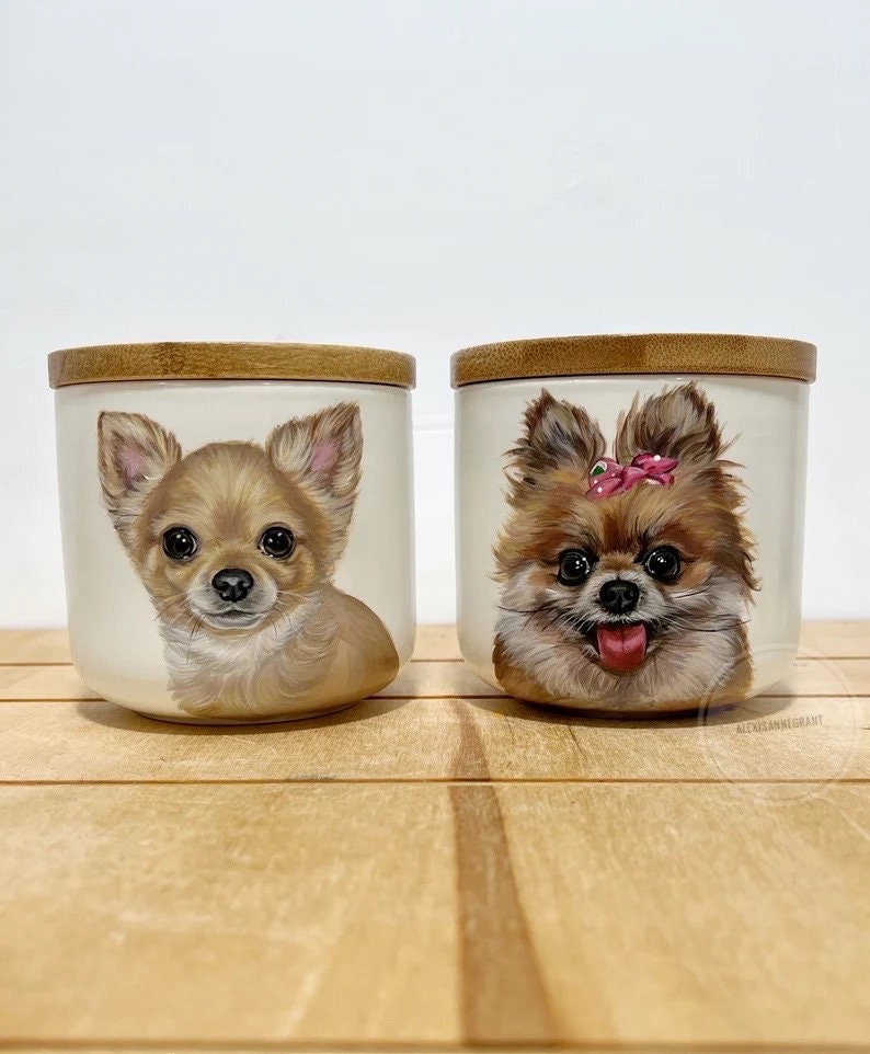 Pet Portrait Urn, Hand Painted, Ceramic Jar with Wood Lid, small pet up to 10lbs image 2