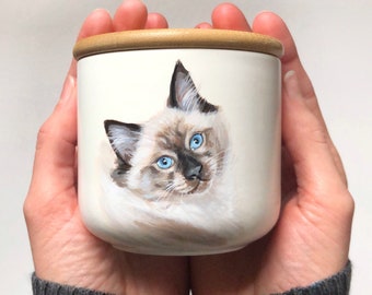 Pet Portrait Urn, Hand Painted, Ceramic Jar with Wood Lid, 10lb