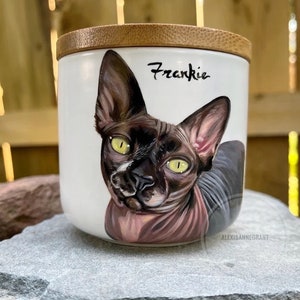 Pet Portrait Urn, Hand Painted, Ceramic Jar with Wood Lid, small pet up to 10lbs image 3