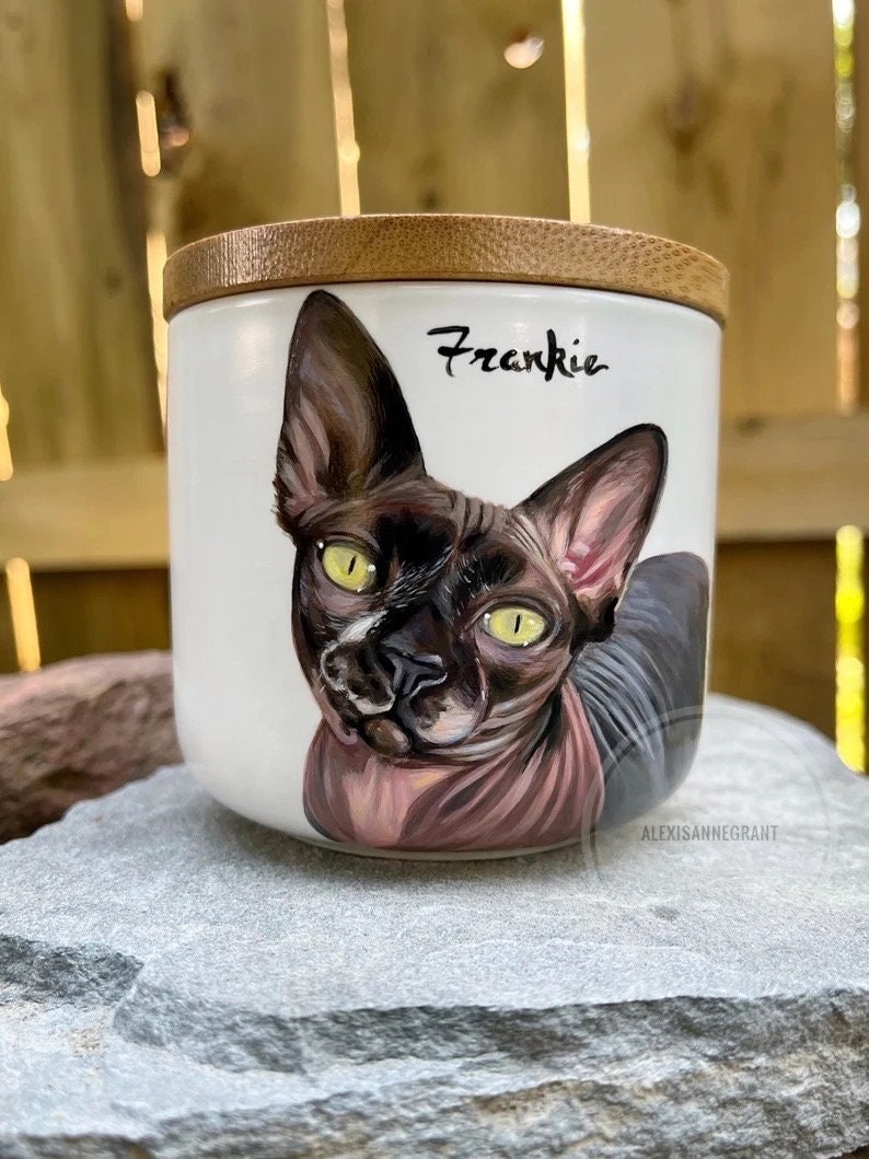 Pet Portrait Urn, Hand Painted, Ceramic Jar with Wood Lid, small pet up to 10lbs image 3