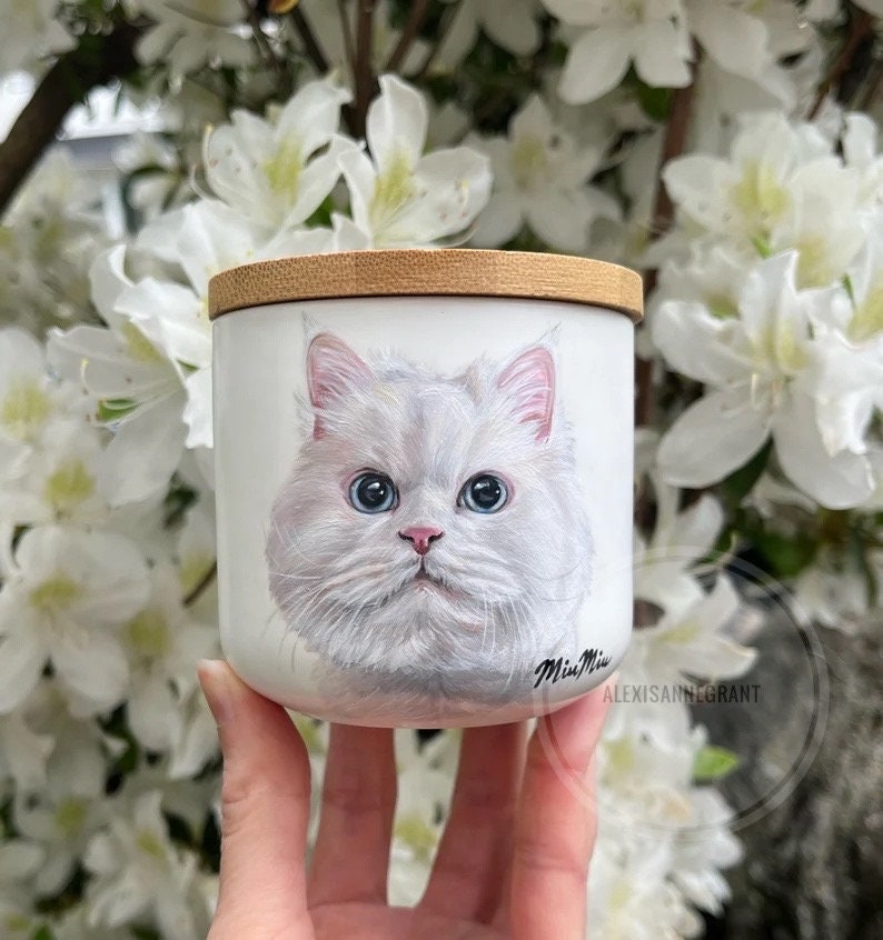 Pet Portrait Urn, Hand Painted, Ceramic Jar with Wood Lid, small pet up to 10lbs image 7