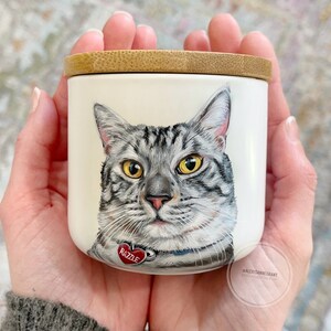 Pet Portrait Urn, Hand Painted, Ceramic Jar with Wood Lid, small pet up to 10lbs image 1