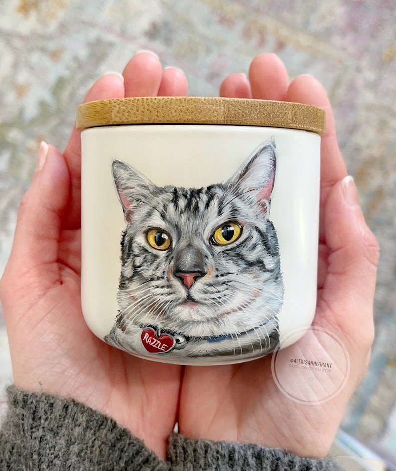 Pet Portrait Urn, Hand Painted, Ceramic Jar with Wood Lid, small pet up to 10lbs image 1