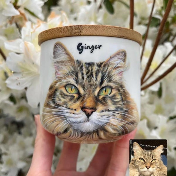Hand Painted Pet Portrait Urn: Ceramic Memorial Jar for small pets (Up to 10lbs)