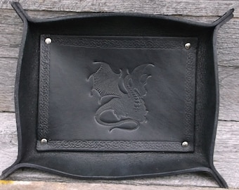 Leather Valet Tray Handmade with Dragon BLACK