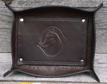 Leather Valet Tray Handmade with Horsehead Dark Brown
