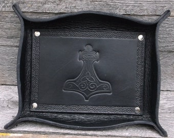 Leather Valet Tray Handmade with Thors Hammer BLACK