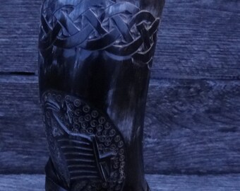 Viking Drinking Horn -Heavily Carved- Valknut--13" Long Horn 14 ounces-#2133