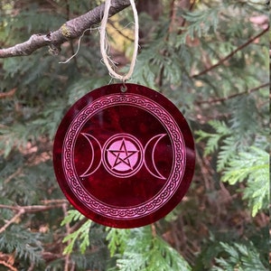 Yule Ornament - Ruby Red Triple Moon with Pentagram