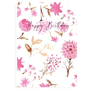 Preciosa tarjeta de feliz cumpleaños floral rosa, impresa de pintura de acuarela original, tarjeta de cumpleaños preciosa estampada, tarjeta de feliz cumpleaños