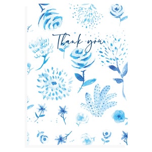 Blaue Blumen-Dankeskarte, gedruckt von original Aquarellmalerei, Dankeskarte, Danke, blaue Karte für Freunde