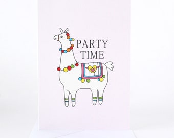 Llama Party Time Card, Llama Card, Party Card, Illustration Card, For her, For him, Party Card, Card for kids