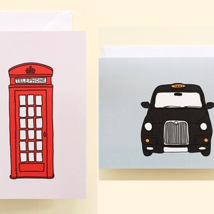 Conjunto de cartas de Londres, Tarjetas temáticas de Londres, Cabina telefónica de Londres, Taxi negro, Tarjetas encantadoras de Londres, Tarjetas ilustradas de Londres, Juego de 2 cartas