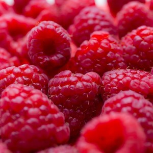 Op de afbeelding: Een close-up van een kom vol verse, rijpe rode frambozen. De frambozen zijn hoog opgestapeld, wat een levendig en sappig beeld cre&euml;ert.