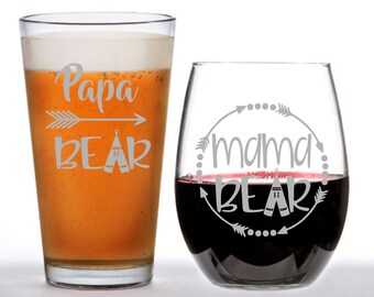 Papa Bear/Mama Bear Glass Set, Personalized  Glasses, Engraved Wine Glass, Engraved Beer Mug, Mama Bear, Dad Gift, Papa Bear, Mom Gift