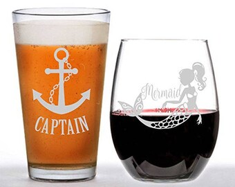 Captain and Mermaid Glass Set, Personalized  Glasses, Engraved Wine Glass, Engraved Beer Mug, Mermaid, Dad Gift, Captain, Mom Gift