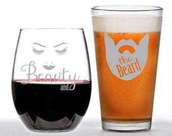 Beauty and The Beard Glass Set, Personalized  Glasses, Engraved Wine Glass, Engraved Beer Mug, beauty, Dad Gift, beard, Mom Gift