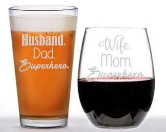 Mom and Dad Superhero Glass Set, Personalized  Glasses, Engraved Wine Glass, Engraved Beer Mug, beauty, Dad Gift, Mom Gift