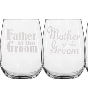 Parents wedding glasses, Father and Mother of the Bride/Groom Wine Glasses, Wedding glasses, Wedding Party, Etched Glasses image 1
