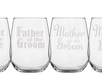 Parents wedding glasses, Father and Mother of the Bride/Groom Wine Glasses, Wedding glasses, Wedding Party, Etched Glasses