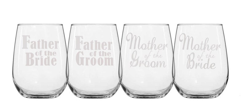 Parents wedding glasses, Father and Mother of the Bride/Groom Wine Glasses, Wedding glasses, Wedding Party, Etched Glasses image 1