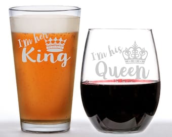 I'm her King and I'm his Queen Glass Set, Personalized  Glasses, Engraved Wine Glass, Engraved Beer Mug, hubby, Dad Gift, queen, Mom Gift