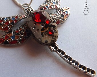 Steampunk necklace Gaudi Steampunk Libélula Pendant Necklace in Red - Steampunk jewelry by Steamretro - Christmas gift