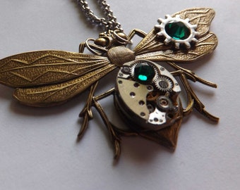 steampunk entomologist necklace - steampunk dragonfly - steampunk firefly - moth - mechanical dragonfly - emerald necklace -