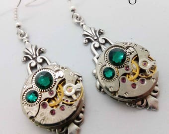 Art Deco Steampunk Earrings in Emerald Green - Steampunk earrings - Art Deco - Jewelry - steampunk Jewellery - steampunk - gothic earrings