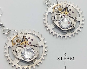 Clear Swarovski Crystal Steampunk Watch mechanism Earrings - Steampunk Jewelry by Steamretro -Christmas gift - steampunk - earrings - gothic