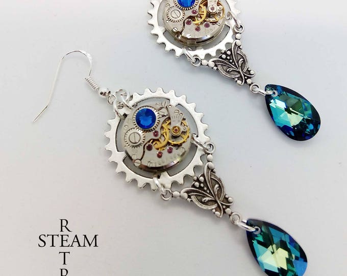 steampunk - earrings - steampunk earrings - steampunk jewellery - silver earrings - crystal earrings - blue earrings - womens steampunk gift