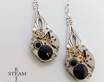 Steampunk Jet Black earrings - Steampunk Jewelry by Steamretro - Christmas gift - gift for her - earrings - steampunk - gothic earrings