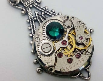 Steampunk Victorian Emerald Pendant Necklace - Steampunk Jewelry by Steamretro - Christmas gift - steampunk - steampunk necklace - gothic