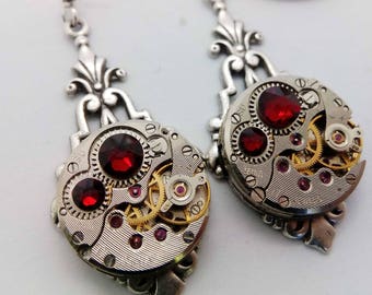 Art Deco Steampunk Earrings in Red - Steampunk earrings - Art Deco - Jewelry - steampunk Jewellery - steampunk - gothic earrings - goth