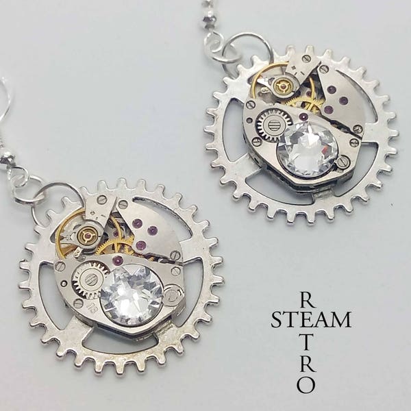 Swarovski Kristall Steampunk-Uhr-Mechanismus Ohrringe - Steampunk Schmuck von Steamretro