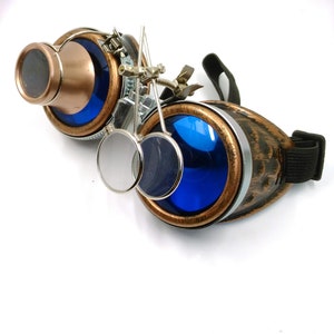 bronze steampunk goggles - double loupe blue lens cyber goggles burning man steampunk accessories -  steampunk gift - steampunk - goggles