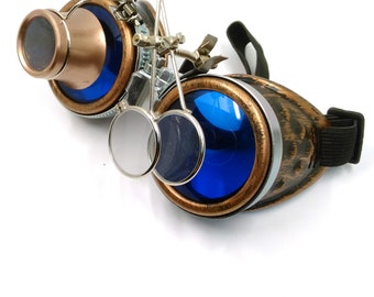 bronze steampunk goggles - double loupe blue lens cyber goggles burning man steampunk accessories -  steampunk gift - steampunk - goggles