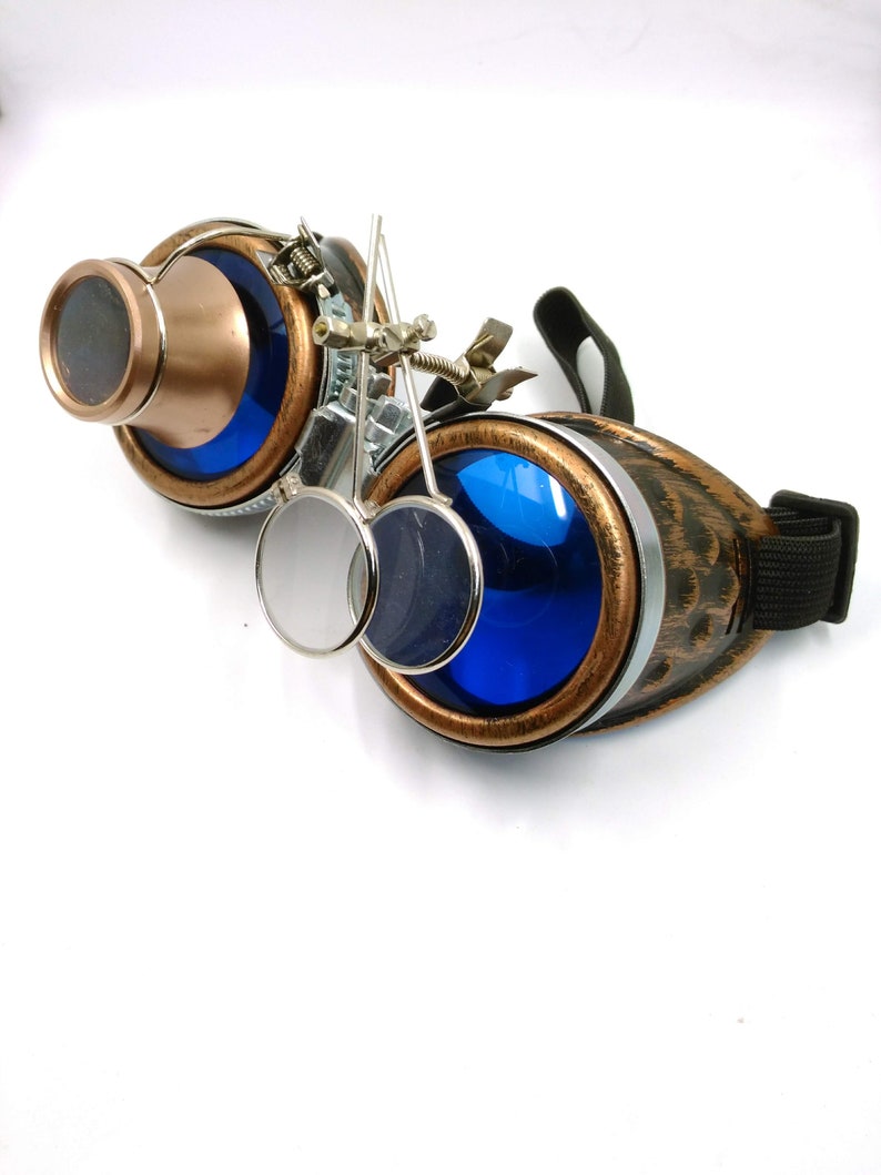 bronze steampunk goggles double loupe blue lens cyber goggles burning man steampunk accessories steampunk gift steampunk goggles image 1