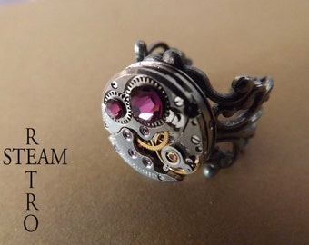 Steampunk - steampunk ring - amethyst ring - filigree ring - rings - watch mechanism ring - steampunk jewellery - womens steampunk ring