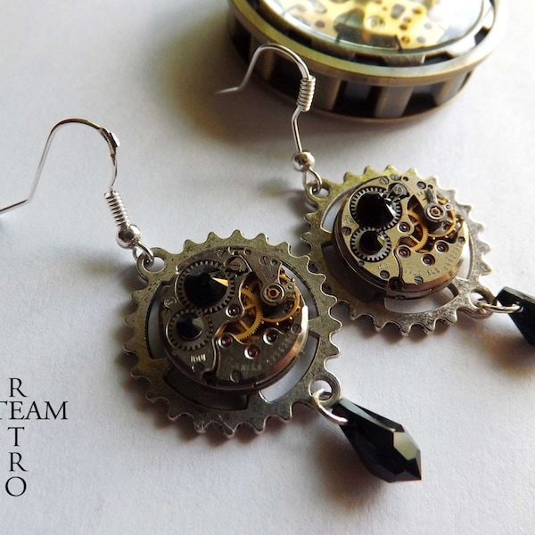 Vintage watch movement black Swarovski Steampunk Earrings - Steampunk Jewelery - personalized jewelry - Christmas gift