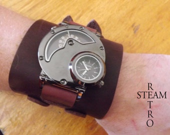 Mens Steampunk Zwei Zeit Watch & handgefertigte Lederarmband-Steampunk-Uhr