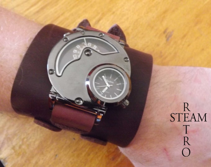 Mens Steampunk Dual time Watch & Handmade Leather wristband- Steampunk watch - personalized watch