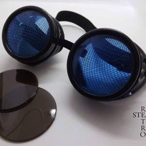 May include: Black steampunk goggles with blue mesh lenses and two extra dark lenses.