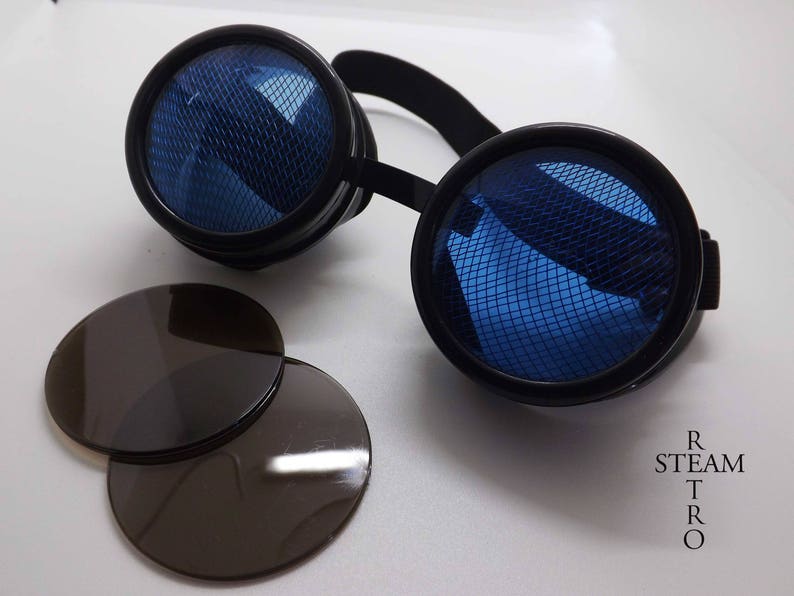 May include: Black steampunk goggles with blue mesh lenses and a black headband. Two additional black lenses are included.
