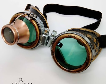 Burning man - Steampunk Goggles - Glasses - welder glasses - steampunk accessories - madmax goggles with loupe - green - goggles - steampunk