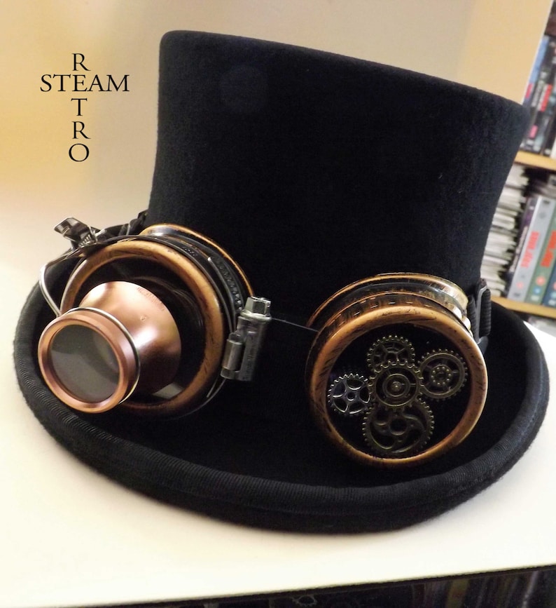 steampunkhatt - ny VINTAGE ull formell hög hatt med utrustning skyddsglasögon - steampunk hög hatt - steampunk hög hatt med svarta skyddsglasögon bild 5