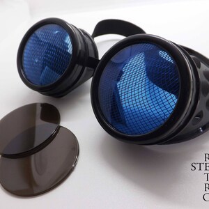 May include: Black steampunk goggles with blue mesh lenses and a black elastic band. Two spare lenses are included.