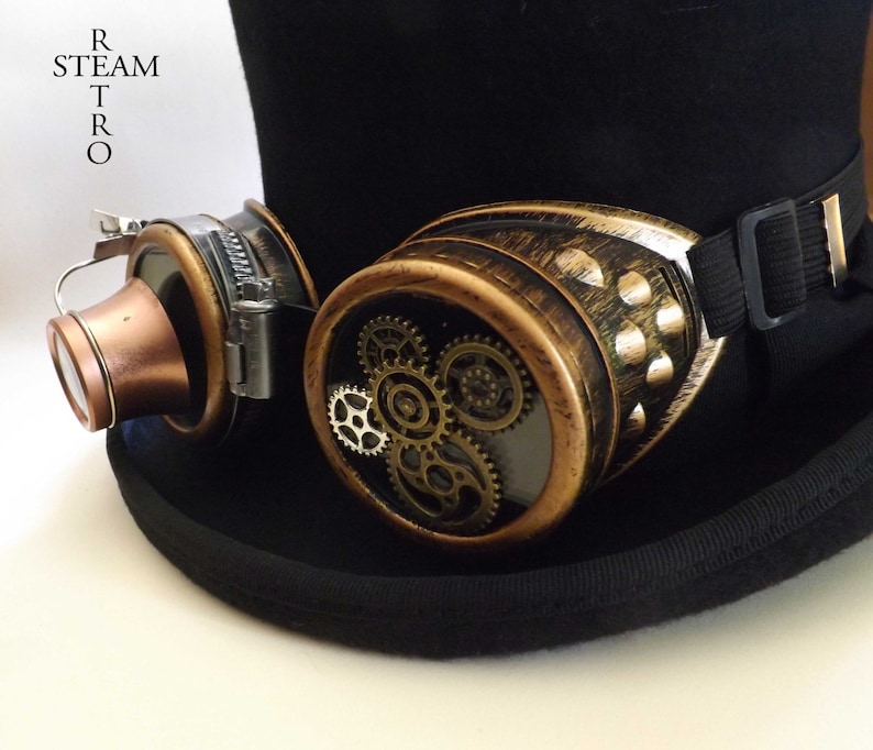 steampunkhatt - ny VINTAGE ull formell hög hatt med utrustning skyddsglasögon - steampunk hög hatt - steampunk hög hatt med svarta skyddsglasögon bild 3