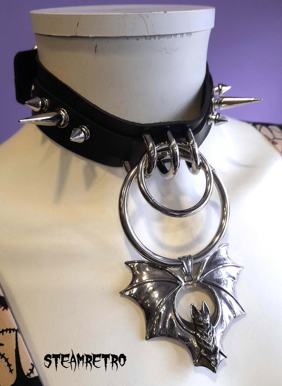 Leather Choker Hand Made Spiked Gothic Leather Choker Bat Choker