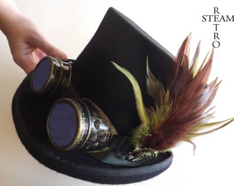 Cappello steampunk - Cappello a cilindro verde con piume di lana VINTAGE e occhiali - cappello a cilindro steampunk - cappello a cilindro steampunk con occhiali - steampunk - gotico